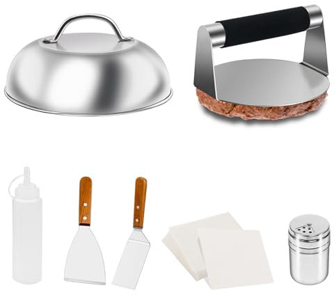 Hmseng Burger Press Kit with Burger Smasher, Burger Making Kit, 8.9'' Burger Dome, Metal Grill Spatula, Spice Dredge Shaker, Wax Disc Paper, Squeeze Bottles, BBQ Griddle Accessories/Cooking Utensils
