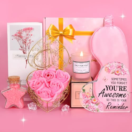 Geschenke für Frauen, Geburtstag Geschenk für Frauen mit Duftkerze, Badesalz,Ideen Geschenkset für Ihre mit Acryl Plakette, Weihnachts, Entspannung geschenk für Frauen Mutter Frau Freunde (Rosa)
