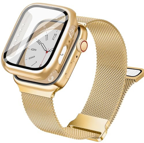 Vamyzji Compatible with Gold Apple Watch Strap and Case with Screen Protector, Magnetic Milanese Mesh Metal iWatch Strap Women Men for 46mm Apple Watch Series 11 Series 10,Gold