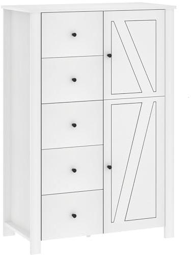 LVB 5 Schubladenkommode für Schlafzimmer, 117cm Hohe Kommode zur Aufbewahrung von Schubladen, Moderne weiße Holzkommode mit Kippschutz für Wohnzimmer, Flur, Eiche weiß
