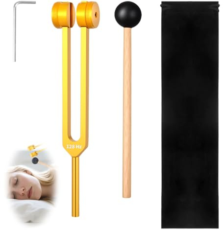 Stimmgabel 128 Hz Aluminiumlegierung Stimmgabel Set 21,7 cm/8,5 inch mit Silikonhammer Reparaturwerkzeug und Tasche, für Therapie Yoga Meditation Chakra-Therapie, Klangtherapie, Anti-Stress (Gold)​​