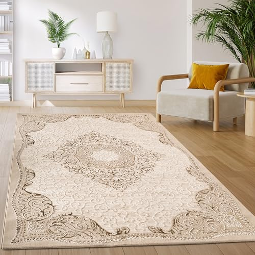Paco Home Alfombra Salón Dormitorio Pelo Corto Vintage Oriental Abstracto Patrón Moderno Beige, tamaño:160x220 cm