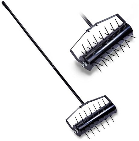 Chiidou Handle Heavy Duty Steel Rolling Lawn Aerator Scarifier Manual Grass Spikes Roller with Detachable Rotary Push Pull Tine Garden Lawn Yard Tool