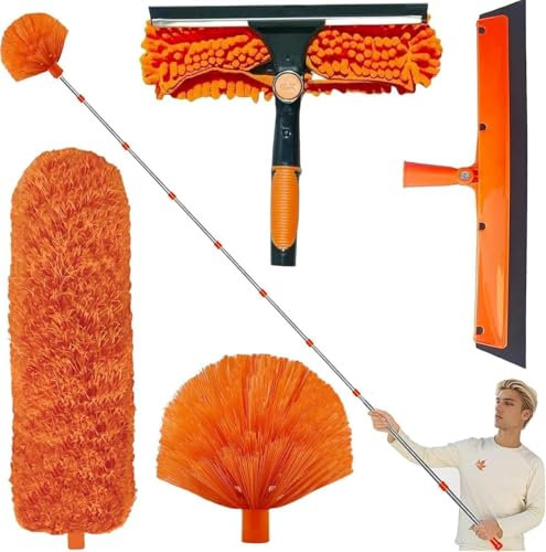 Kit de Plumero Telescópico de 6 m con Palo Extensible Ajustable (1,5–4,9 m), Cepillo de Limpieza Telescópico y Cabezal de Microfibra para Techos, Ventanas y Telarañas