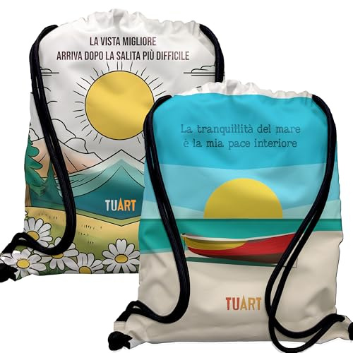 TUART Sacca Sportiva Personalizzata con Paesaggi Naturali Mare e Montagna Escursionismo, Poliestere Riciclato, 40x48cm 15L, Design Italiano con Frasi Motivazionali
