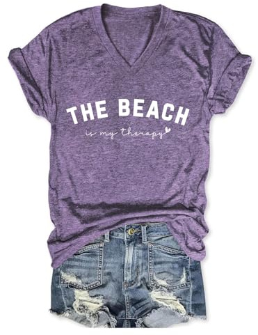 DAFOUOE The Beach is My Therapy Shirts for Women, Funny V Neck Short Sleeve Tops Loose Fit Casual Letter Print Graphic Tees Purple