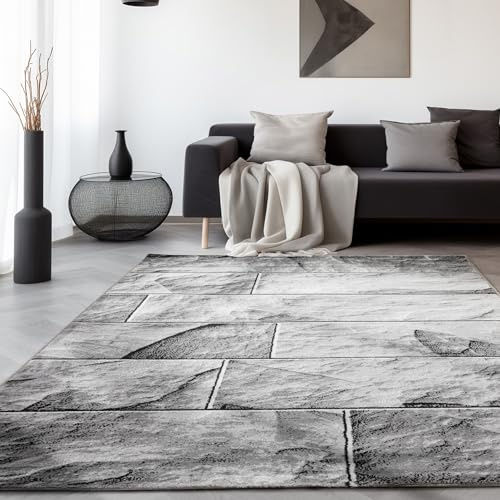 SIMPEX Tappeto 200x290 cm Nero, Design Moderno Effetto Muro in Pietra a Quadri, Pelo Corto per Grande Soggiorno o Sala da Pranzo, Morbido e Lavabile