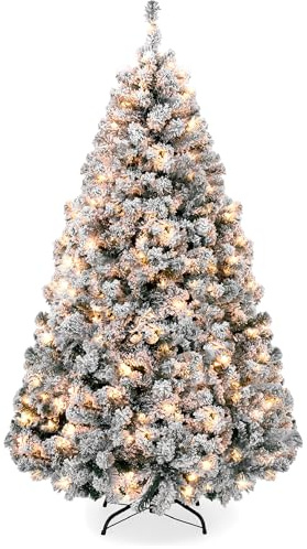 Best Choice Products Pre-Lit Artificial Christmas Tree, 6ft Snow Flocked Design Pine Tree, Full Appearance Snowy w/Easy Assembly, Metal Stand