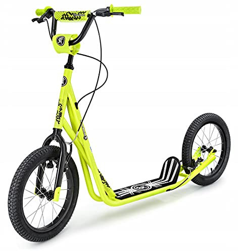 HyperMotion Runkie Cityroller - Scooter für Erwachsene & Kinder mit 16 Lufträdern (40 cm), stabilem Stahlrahmen, V-Brakes, klappbar, bis 100 kg belastbar - Gelb
