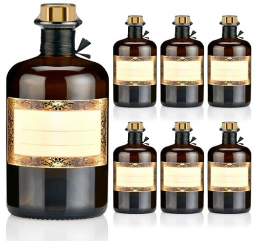 6x Apothekerflaschen braun 500ml Geschenkset mit Korken gold, Band, Kapseln & Etiketten Motiv Orient, 0,5L Glasflaschen schwarz antik leer, Braunglas Flaschen für Öl, Gin uvm.