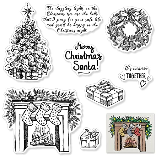 Christmas Theme Clear Stamps for Card Making, Merry Christmas Tree Santa Winter Wreath Silicone Clear Sentiment Words Stamps for Card Making DIY Scrapbooking Décor Scrapbooking Album Supplie