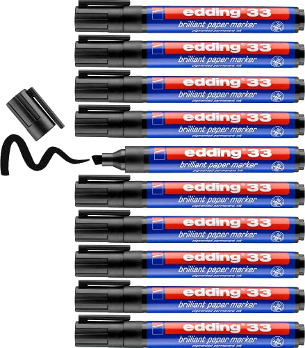 edding 33 brillante Papiermarker - schwarz - 10 wasserfeste Permanentmarker - Keilspitze 1-5 mm - lebendige Farben - lichtechte Markierung auf Papier, Karton, Karton, Kunststoff, Metall und Glas, 4-33001