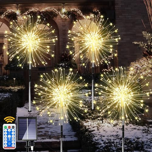 Dekofun 4 x 120 LED Lampe Solaire Exterieur Jardin, Feu d'Artifice Exterieur Solaires avec Télécommande, IP65 Étanche 8 Modes Lampe Solaire pour Chemins Pelouse Terrasse Cour Décoration - Blanc Chaud