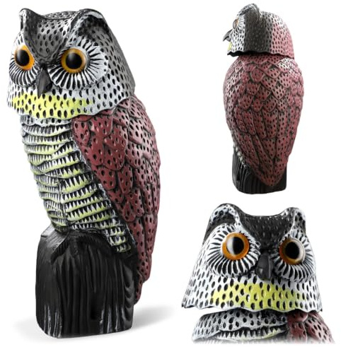 KADAX Eule mit beweglichem Kopf, Vogelschreck aus Kunststoff, Taubenschreck mit Wackelkopf, Vogelscheuche, Gartendeko, Realistische Eule für Garten (37cm)