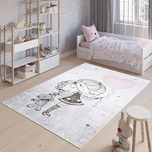 TAPISO Emma Teppich Kurzflor Rosa Mädchen Bär Antirutsch 120 x 170 cm | Waschbar bei 30 Grad bedruckter Kinderteppich Kinderzimmer Jugendzimmer Modern OEKO-TEX