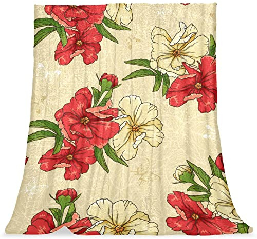 TBOUOBT Bedding Fleece Blanket, Decorative for Bedroom Sofa Floor, Vintage Flowers Red White Oleander