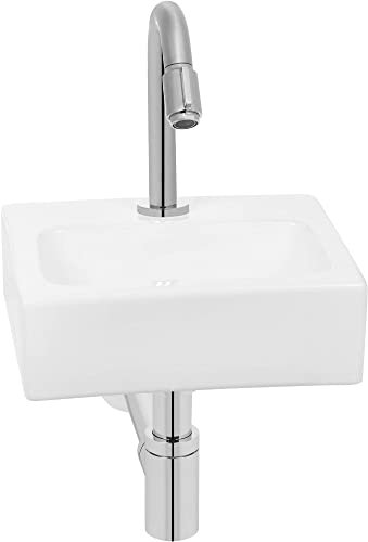 Saqu Mini Waschbecken Set mit verchromtem Wasserhahn, Glänzend weißer Keramik - Waschbecken für Unterschrank, Waschtisch für Gäste WC