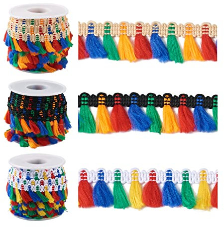 Pandahall - 3 rotoli di nastro colorato in poliestere con nappe e frange, 27,4 m, per palcoscenico, abbigliamento, tende, borse, decorazioni artigianali e accessori