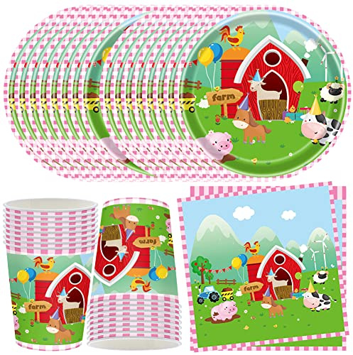 MEZHEN Vaisselle Anniversaire Décorations Animaux de la Ferme Vaisselle de Fête d'anniversaire Animaux Assiettes Gobelets Serviettes Jungle Décorations de Fête 16 Invités