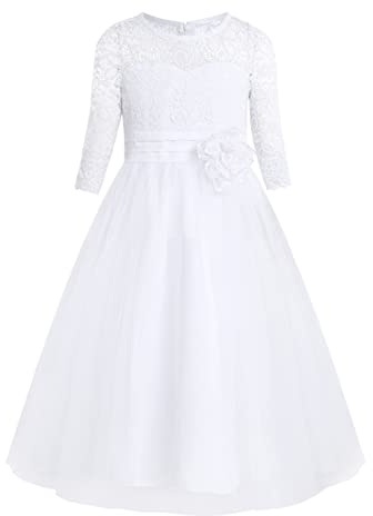Agoky Mädchen festlich Kleid Langarm Prinzessin Kleid Hochzeits Festzug Kleid Blumenmaedchenkleid Kinder Spitze Rock Partykleid Kleidung gr. 98-170 Weiß K 146-152/11-12 Jahre