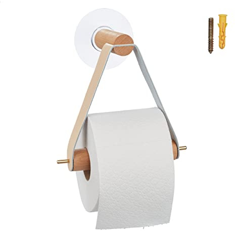 Relaxdays Toilettenpapierhalter aus Holz, für Bad, Wand, Band, klebend, Klorollenhalter HxBxT: 18x18x8 cm, modern, Natur