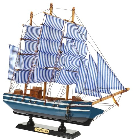Voilier Décoratif en Bois Bleu, Figurine de Bateau Pirate pour Bureau | Maquettes Bois, Sculpture Moderne au Style Chic, Pièce Légère pour Chambre et Décoration Nautique