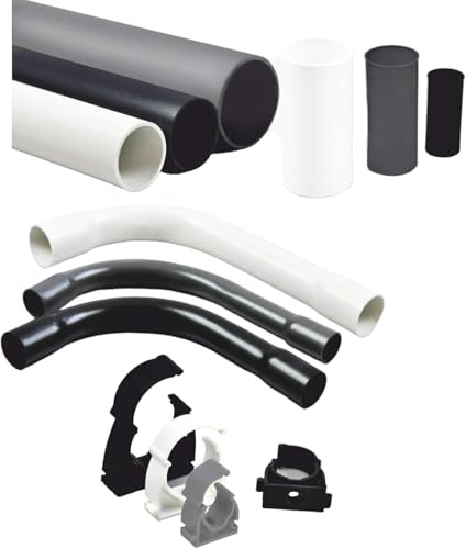 ELEKTROPLAST PVC Installationsrohr M18 15m Schwarz, Aufputz, UV Beständig | 15 x 1m Kabelrohr Starr mit 14x Muffen, 3x Rohr Bogen 90°, 10x Klemmschelle, Härtedruck 320N, Schwer Entflammbar B-s2,d0