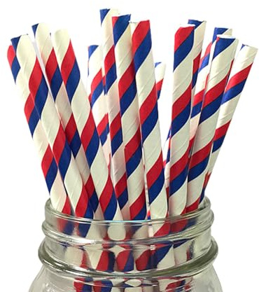 SHARRLA Paper Straws 25pcs, Biodegradable Recyclable Drinking Straws for Wedding | Birthday Party Straws for Cocktail, Holiday, Coffee, Soda, Baby Shower Suppliers (White with Red Blue Stripes)