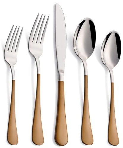 Moxinox 20-Piece Coffee Color Silverware Set 18/0 Stainless Steel Coffee Color Handle Flatware Set Service for 4 Modern Cutlery Set Includes Dinner Knives Forks Spoons, Mirror Polished Dishwasher Safe