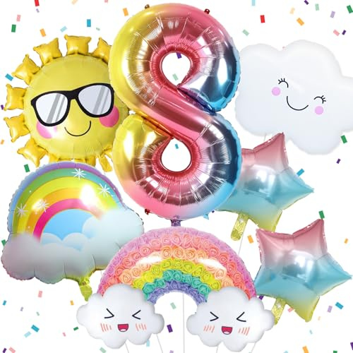 8 Jahre Regenbogen Geburtstag Deko für Mädchen - Folienballon, Sonne, Sterne Luftballons für 8. Geburtstag Mädchen