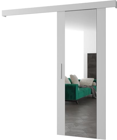 ABIKSMEBLE Salwador 2 Système de Porte Coulissante avec un Cache Rail et Miroir - Portes Coulissantes Murales Intérieures - Construction Solide - 70x204cm - Blanc Blanc Argent