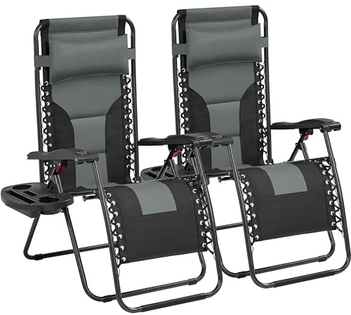 Yaheetech Zero Gravity Sunlounger, Outdoor Multi Position Soft Padded Chairs, Foldable Patio Recliner w/Carry Strap, Cup Holder, Pillow for Backyard Deck Camping Set of 2, 65cm/73cm