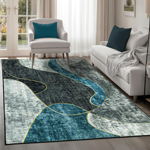 Tapis Design Wohnzimmer Teppich Groß Rutschfest Waschbare Kurzflor Teppich Modern Abstrakte Geometrisches Muster, Farbe: Grau, Blau, Größe: 200x300cm