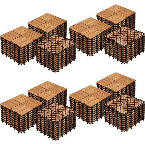 Yaheetech 4 Pack Acacia Wood Interlocking Patio Deck Tiles, Waterproof Solid Flooring Tiles for Indoor Outdoor, 31 cm W × 31 cm L Garden Deck for Patio Garden Poolside All Weather Use, Total 108pcs