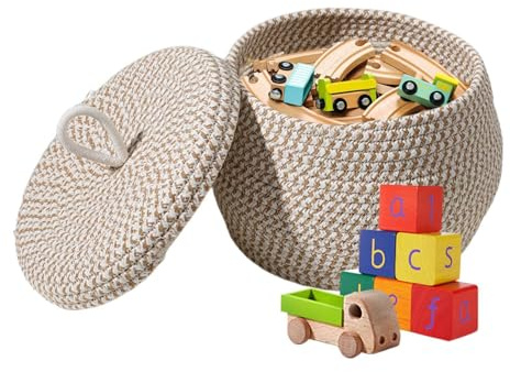 Boho Baumwollseil Körbchen Geflochten, Seil-Aufbewahrungskorb, Klein Korb Geflochten Seil Aufbewahrungskorb Gewebte Korb Rund Baumwollseilkorb Mit Deckel, Gewebte Körbe Zur Aufbewahrung Von Spielzeug