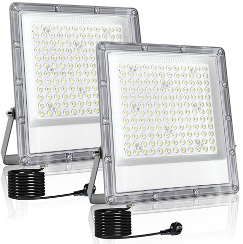 Indmird 2 Stück 150W LED Strahler Außen, 6500K Kaltweiß LED Flutlicht Außen | Superhell 15000LM Flutlichtstrahler mit Stecker IP66 Wasserfest Led Außenstrahler Baustrahler für Garten Garage Hof Auffahrt