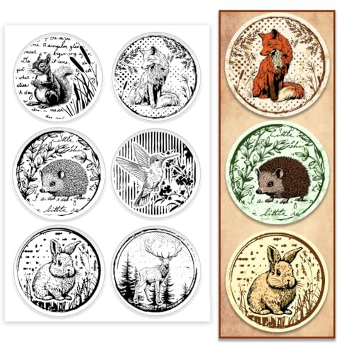 PH PandaHall Tiere Runde Briefmarken, Klare Stempel für Kartenherstellung Fuchs Eichhörnchen Hase Igel Sikahirsch Transparenter Silikonstempel Gummistempel für Journal Scrapbooking Dekoration