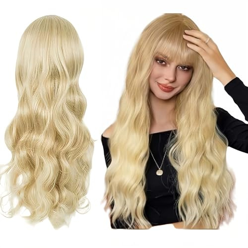 SDXCJY Lange Lockige Gewellt Hellblond Blond Perücke für Frauen 27’’ Lange Lockige Volle Haar Gewellt Hitzebeständig Perücke Damen Cosplay Kostüm für Tägliche Karneval. (Gold)