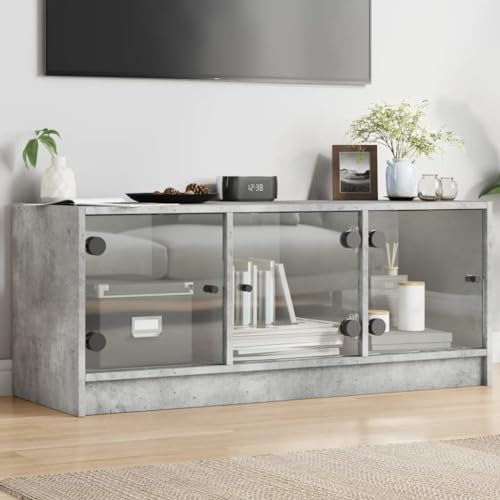 CINDERFUL TV-Schrank mit Glastüren Betongrau 102x37x42 cm,Eleganter TVSchrank in Betonoptik mit viel Stauraum und Glastüren TV-Möbel, TV-Bänke