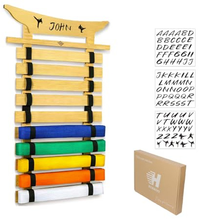 HXRROO 11Belts Taekwondo Belt Display, Rack with Stickers, Martial Arts Belt Display Holder, Karate Belt Jiu Jitsu Belt BJJ Belt Display Hanging Holder for Kids and Adults Gifts