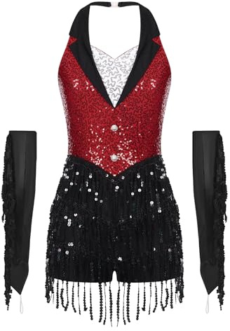 Freebily Vestito da Ballo Latino Americano Donna con Nappe Paillettes Balletto Leotards con Guanti Body Danza Classica Ginnastica Ritmica Abito da Sala da Ballo Danza Samba Rosso S
