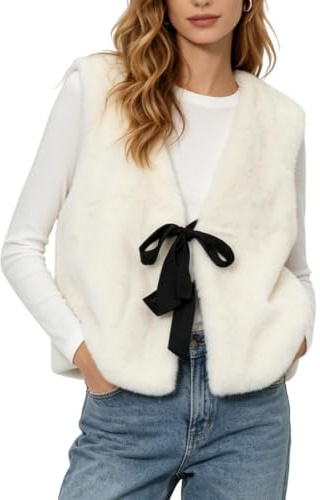 Amazhiyu Gilet da donna in finta pelliccia, senza maniche, soffice, invernale, primaverile, casual, con lacci, gilet peloso, gilet leggero, bianco, L