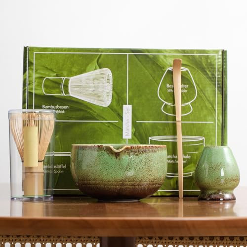 Matcha Set 4PCS, Matcha Bowl Kit Elegant Japanese Matcha Tea Set Includes 500ml Ceramic Bowl, Bamboo Whisk and Holder, Matcha Tea Kit for Tea Lovers, Classic Green Matcha Making kit