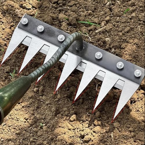 Unkrautrechen aus Eisen, Eisenrechen 2.0, Unkrautrechen aus Karbonstahl mit 5/6/7/8 Zähnen, Unkrautrechen zum Vertikutieren, für Gartenarbeiten und zum Lösen von Unkraut im Rasen