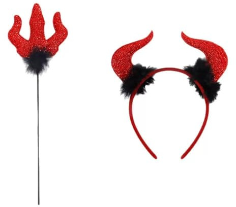 Damaiyyy Déguisement de Diable Rouges Cornes et Fourche de Diable Serre-Tête et Trident Diable Cornes de Diable à Paillettes - Rouge et Noir Idéal pour Halloween,Bal Masqué et Carnaval
