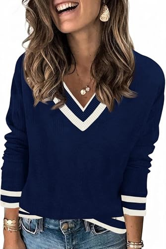 Saodimallsu Maglione da donna a maniche lunghe, con scollo a V, leggero, a righe, casual, per autunno e inverno