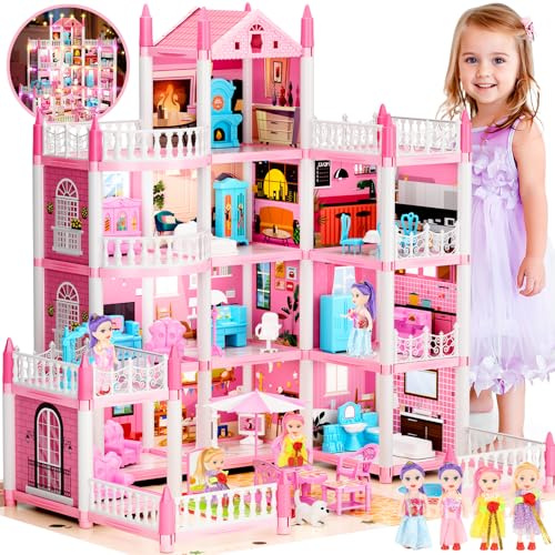 Maison de poupée à 3 étages avec 11 chambres et accessoires, lumière LED, poupées, tapis de jeu, maison de jeu pour animaux de compagnie - Cadeau jouet pour filles de 3 à 13 ans