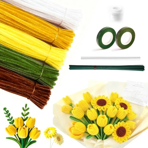 GOOGO Pfeifenreiniger Blumen Set, 500 Stück Pfeifenputzer zum Basteln, 5 Farben Pfeifenreiniger zum Basteln, mit 20 Grünen Bastelfäden, Geschenkband, Klebeband, Hausdekoration (Sonnenblumen)