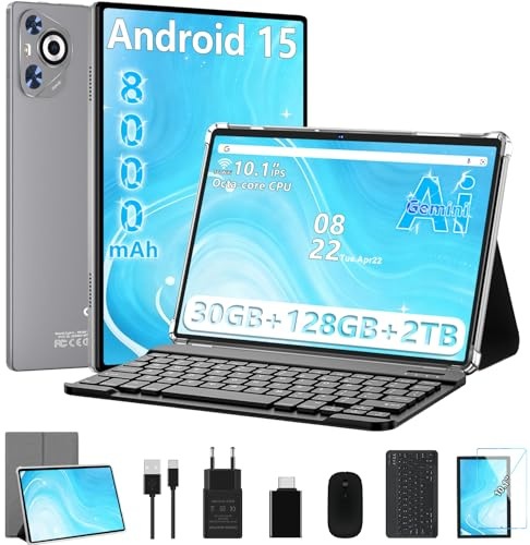 Dghrti 2026 Tablet Android Tablet 10 Pulgadas Gemini AI, 30 GB RAM + 128 GB ROM (2TB TF), 8000mAh, 8-Core CPU, 3D Face ID/Widevine L1/WLAN 6/BT5.0/GPS, con Teclado+Ratón MetÃlica-Gris