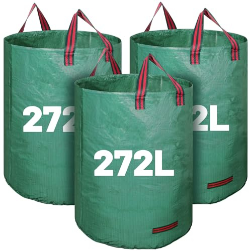 3 Pack 272L Garden Waste Bags with Handles, Heavy Duty Leaf Bin Bags | Reusable PP woven fabric, wide opening with hoop, 4 handles, foldable for collecting yard waste, plant waste grass and Leaves